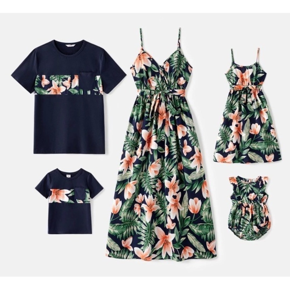 Matching Family T-shirt and Floral Print Midi Cami Dress Matching Sibling Beach